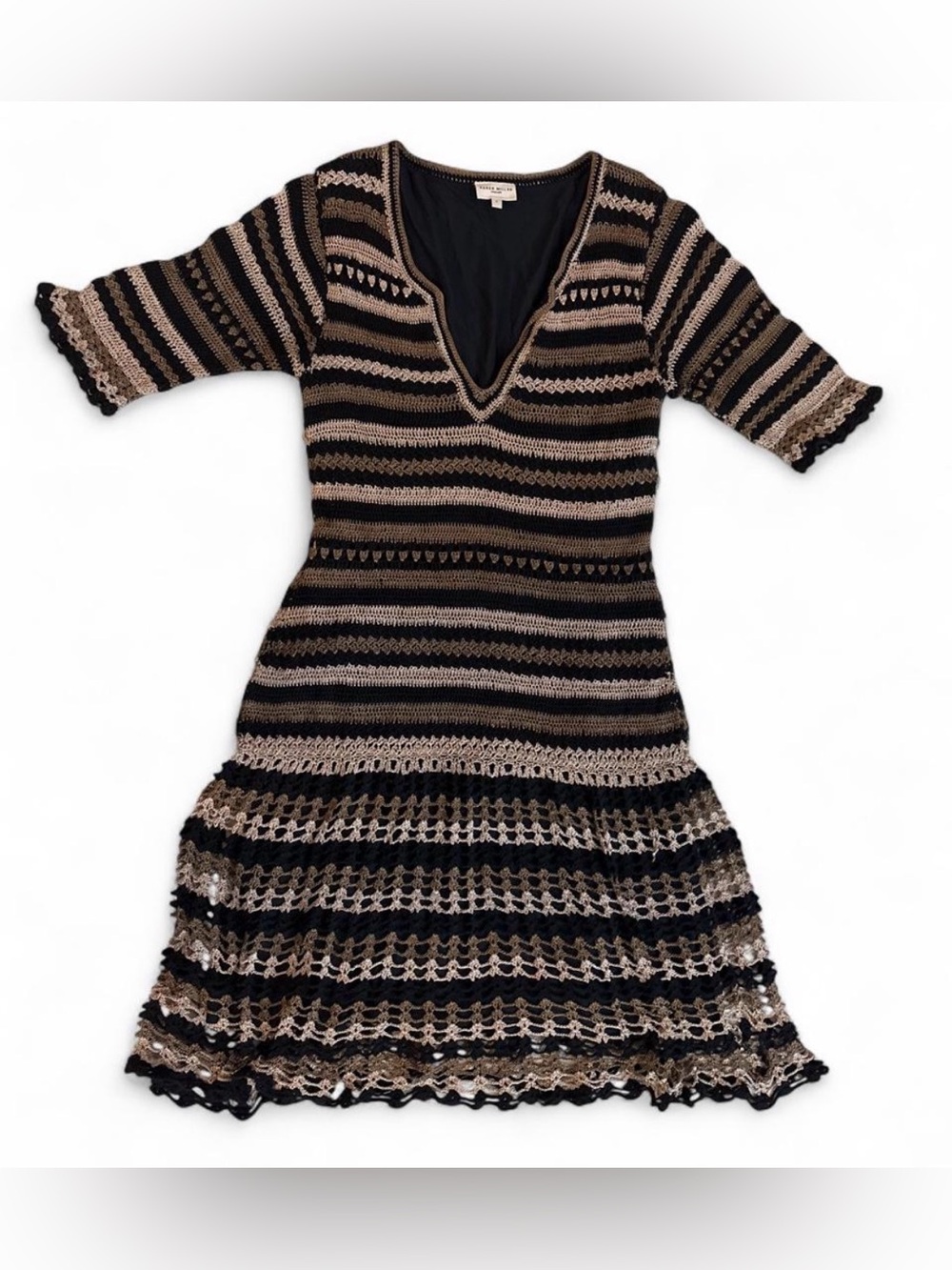 Karen Millen Black and Tan Striped Crochet Midi Dress-See Description